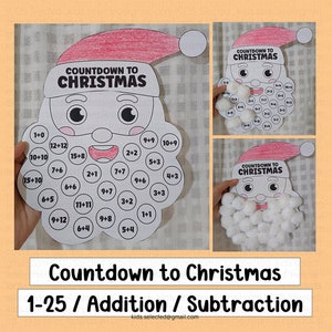 Peut inclure: Un calendrier de compte à rebours de Noël en forme de Père Noël, en papier blanc avec un bonnet rouge. Le calendrier présente des problèmes d'addition et de soustraction pour chaque jour, avec des boules de coton pour marquer les jours. Le texte dit "Countdown to Christmas".