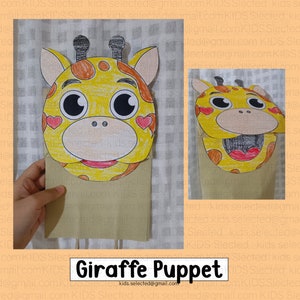 May include: A handmade giraffe puppet made of paper, featuring a yellow face with brown spots, large black eyes, and heart-shaped cheeks. The puppet's mouth is open, revealing a red interior. The text "Giraffe Puppet" is displayed at the bottom.