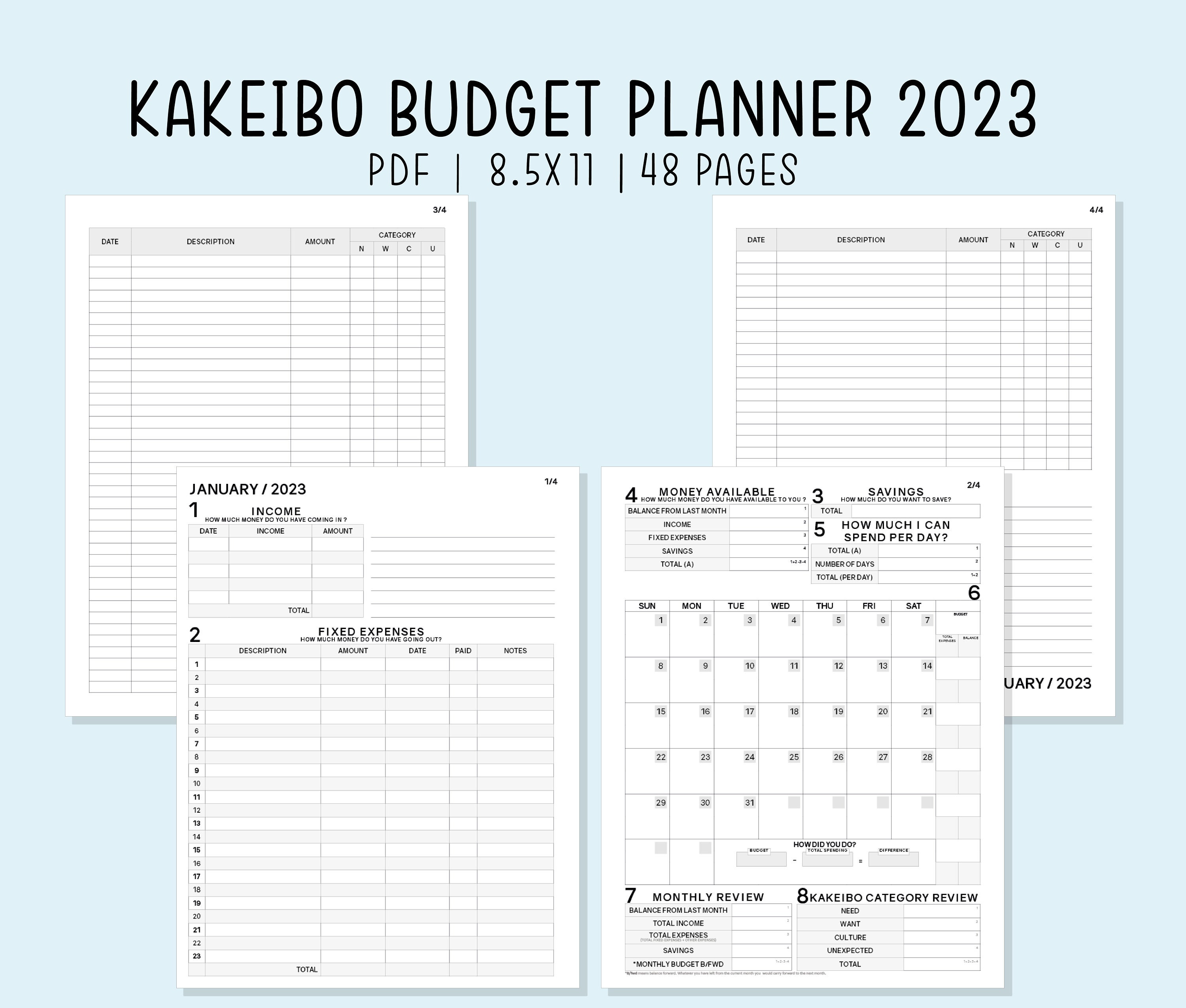 COLOR Kakebo Planner, Easy finance, Learn to save, Flexible calendar,  Printable/Editable, Usd and eur coins