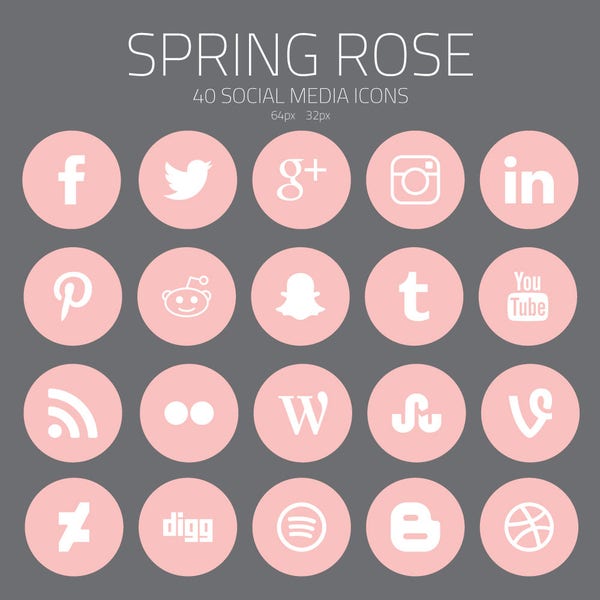 40 Social Media Icons | Spring Rose | 64px | 32px | Digital Download | PNG |