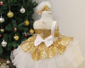 Kids Gold sequin White Bow Birthday Party Flower Girl Dress. Handmade