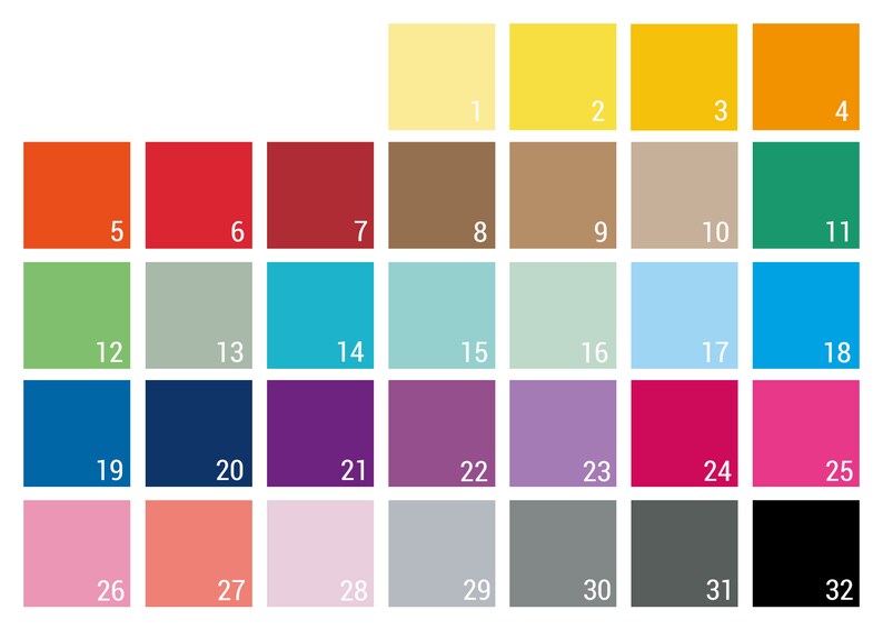 K&ouml;nnte beinhalten: Eine Farbkarte mit 32 verschiedenen Farben, nummeriert von 1 bis 32. Die Farben sind in Reihen von vier angeordnet, wobei die erste Reihe gelb, gelb, orange und orange ist. Die zweite Reihe ist rot, rot, rot, braun, braun, beige, gr&uuml;n und gr&uuml;n. Die dritte Reihe ist gr&uuml;n, grau, blau, hellblau, hellblau, hellblau, blau und blau. Die vierte Reihe ist blau, dunkelblau, lila, lila, lila, rosa, rosa und rosa. Die f&uuml;nfte Reihe ist rosa, pfirsich, rosa, grau, grau, grau, schwarz und schwarz.
