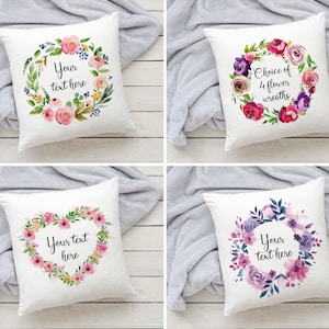 Personalised Text Cushion with Floral Wreath - Personalised Cushion - Custom Cushion - Text Cushion - Flower Cushion - Cymraeg