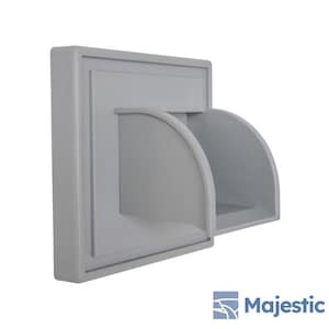 May include: A light gray, wall-mounted architectural element with a rectangular frame and two curved, open compartments. The product has a smooth, matte finish. The word "Majestic" is printed in the bottom right corner.