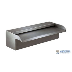 May include: A stainless steel waterfall fountain with a curved spout. The fountain is designed to be mounted on a wall or other surface.