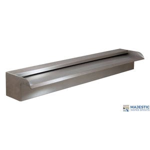 May include: A stainless steel waterfall wall fountain with a curved edge. The fountain is designed to be mounted on a wall and is ideal for adding a modern touch to any outdoor space.