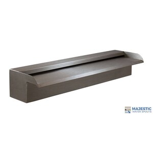May include: A stainless steel wall mounted waterfall fountain. The fountain has a rectangular base and a curved spout.