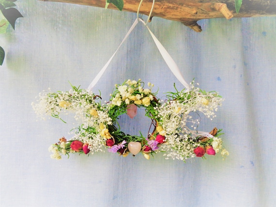 Mini Triple Moon Dream Catchercrystal Floral Wreath Rose Quartz With Rose Buds Perfect Gift For Your Boho Goddess - 