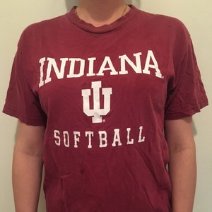 1980&#39;s VINTAGE INDIANA HOOSIERS Softball Choker Neck V Neck T-Shirt - Super Soft - Go Hoosiers!!!!