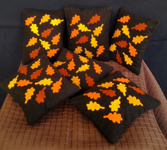 Pincushion - Needle Felted Leaves - Wool and Flannel