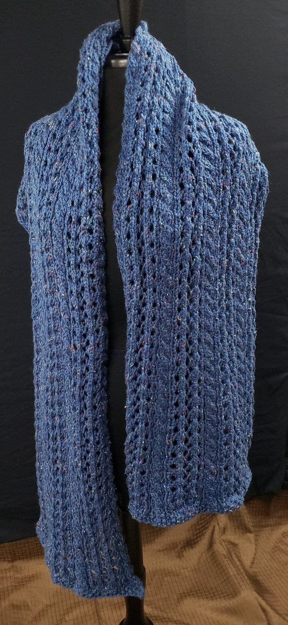 Scottish Traditions Shawl - Blue Moon - Tweed and Lace Shawl -Rectangular  - Blue Tweed Yarn Bulky Weight