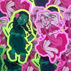 May include: A collection of stickers featuring two different characters. One character is a woman with green hair and a green outfit, the other is a woman with pink hair and a pink dress. The stickers are on a white background.