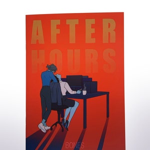 May include: A comic book cover with a red background and the title "AFTER HOURS" in gold lettering. Two figures are shown in the illustration, one sitting at a desk and the other standing behind them. The artist's name, "BONES", is printed in white at the bottom of the cover.