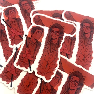 以下が含まれることがあります： 赤い背景に白い十字架が描かれた、眼鏡と赤いジャケットを着た人物の漫画イラストが描かれた、赤と白のステッカーのセット。人物は槍を持って立っています。