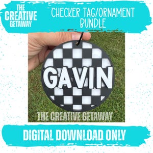 May include: A round black and white checkerboard tag or ornament with the name "GAVIN" in white block letters. The tag is held up against a background of green grass. The text "THE CREATIVE GETAWAY" and "DIGITAL DOWNLOAD ONLY" are also visible.