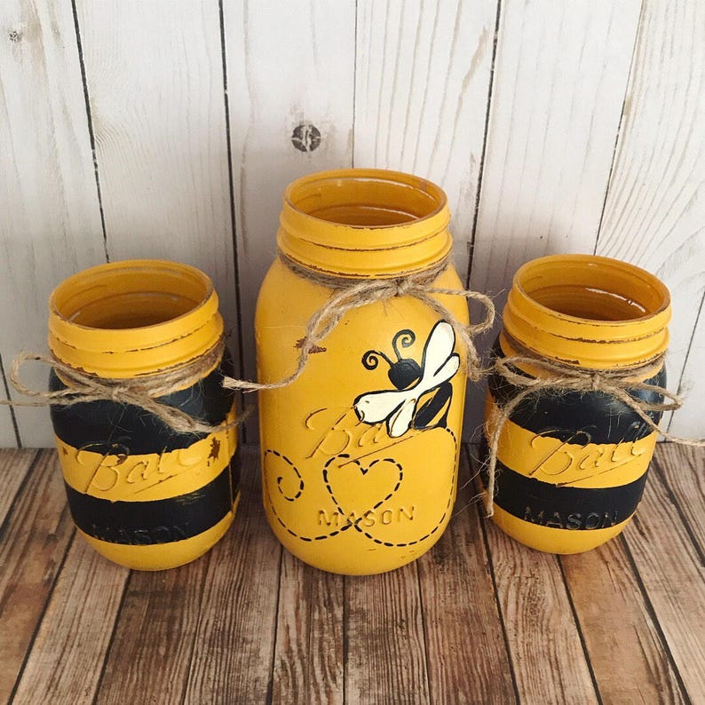 Bumble Bee Mason Jars home decor Set of 3 Mason jars black | Etsy