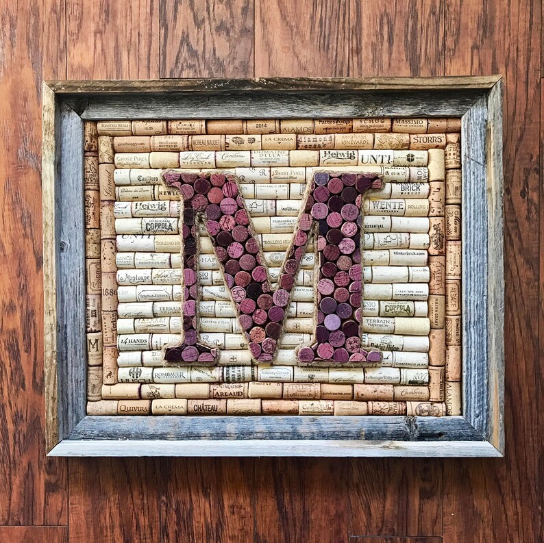 Custom wine cork monogram in Barnwood frame rustic home | Etsy