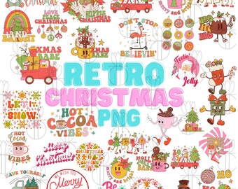 Puede incluir: Una colección de ilustraciones navideñas retro con personajes festivos, lemas y diseños. Las ilustraciones están en una paleta de colores brillantes con acentos de rosa, azul, verde y amarillo. El texto incluye frases como "Let it snow", "Hot Cocoa Vibes", "Merry Christmas" y "Be Merry!"