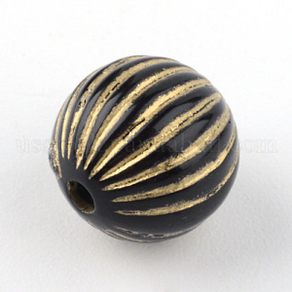 Round Plating Acrylic Beads, Golden Metal Enlaced, Black, 9.5x10mm, Hole: 2mm  50 pieces