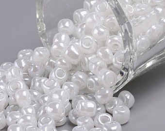 Glass Seed Beads, Ceylon Round, Round, White, 4mm, Hole: 1.5mm 25g, approx. 400 pieces