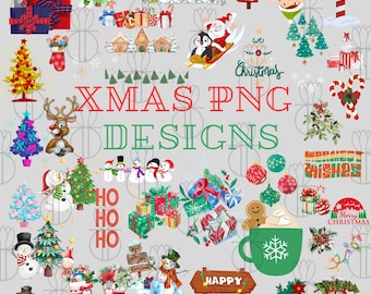 Puede incluir: Una colección de imágenes digitales de clipart con temática navideña, que incluyen muñecos de nieve, renos, regalos, adornos y un hombre de jengibre. El texto "XMAS PNG DESIGNS" se muestra en letras rojas y blancas.