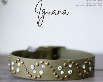 Iguana - 1.5" Gemstone Crystal Heavy Duty Collar - Bling Waterproof Biothane Durable Dog Collar - Mess Mud Stink Resistant Vegan Leather