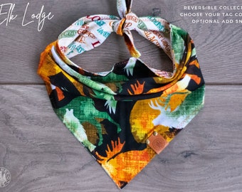 Elk Lodge - Dog Bandana Camping Hiking Adventure  Moose Black Green & Orange Woven Reversible Tie On Fall Scarf  - Puppy Scarf - Pet Gift