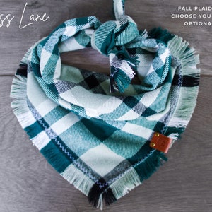 Cypress Lane - Dog Bandana Handkerchief Plaid Flannel Fall Autumn - Green Black White - Frayed Tie On Handcrafted - Puppy Scarf - Pet Gift