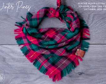 Winter Pines - Dog Bandana Plaid Tartan Flannel  - Red & Green - Woven Reversible Tie On Christmas Winter Scarf  - Puppy Scarf - Pet Gift