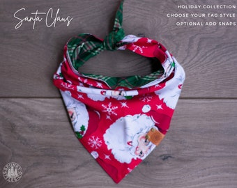 Santa Claus - Dog Bandana Christmas White Red Green Winter Festive Tie On Handcrafted - Puppy Scarf - Pet Gift