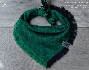 Jade - Dog Bandana Plaid Herringbone Flannel  - Green & Black - Woven Reversible Tie On Christmas Winter Scarf  - Puppy Scarf - Pet Gift