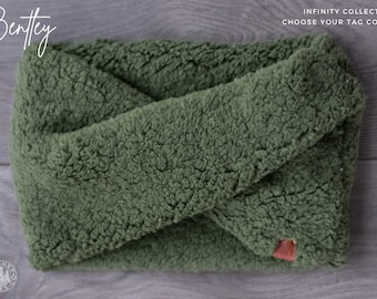 Bentley - Dog Infinity Scarf Sherpa Fluffy Stretchy Knit - Olive Green - Fall Winter Cozy Soft Slip On Handcrafted - Puppy Scarf - Pet Gift