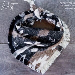 Wild West Dog Bandana Aztec Black, White & Brown Boho Woven Tribal Southwest Frayed Tie On Fall Winter Puppy Scarf Pet Gift immagine 1