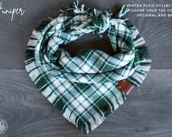 Juniper - Dog Bandana Plaid Tartan Flannel  - Green & White -  Woven Tie On Christmas Winter Fall Scarf  - Puppy Scarf - Pet Gift