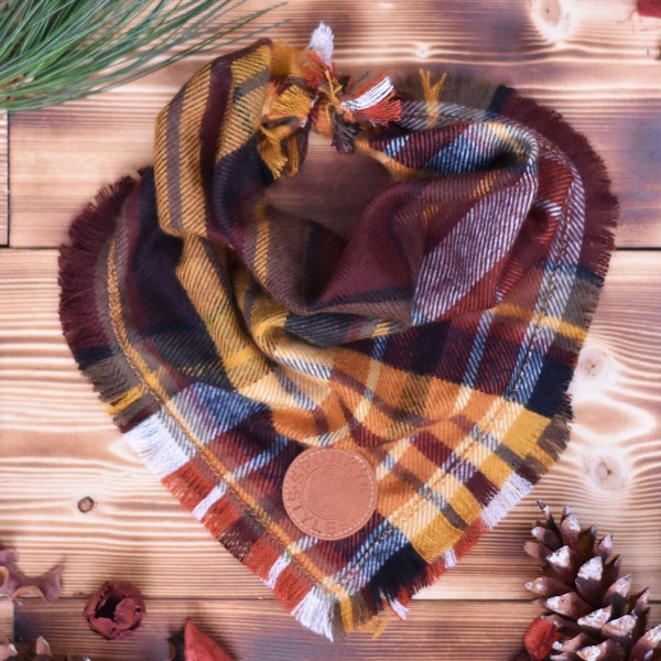 Cinnamon Spice - Dog Bandana Maroon & Gold Plaid Flannel Fall Frayed Tie On Handcrafted - Puppy Scarf - Pet Gift