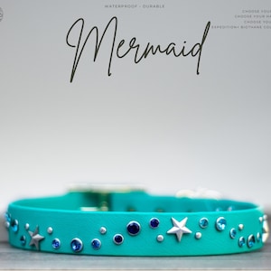 Mermaid - 1" Gemstone Crystal Rhinestone Collar - Bling Waterproof Biothane Durable Dog Collar - Mess Mud Stink Resistant Vegan Leather