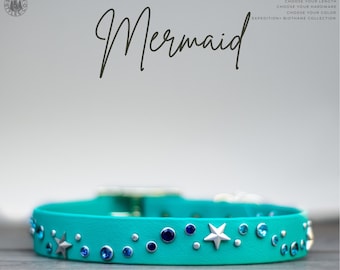 Mermaid - 1" Gemstone Crystal Rhinestone Collar - Bling Waterproof Biothane Durable Dog Collar - Mess Mud Stink Resistant Vegan Leather