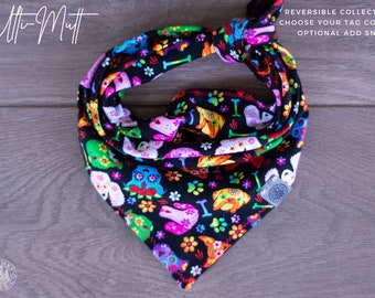 Ulti-Mutt - Dog Bandana Sugar Skull Puppy Dogs Pop Art - Black & Multicolor - Woven Reversible Tie On Fall Scarf  - Puppy Scarf - Pet Gift