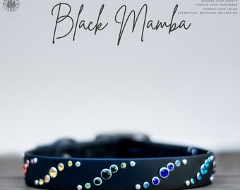 Black Mamba - 1" Gemstone Crystal Rhinestone Collar - Bling Waterproof Biothane Durable Dog Collar - Mess Mud Stink Resistant Vegan Leather