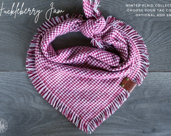 Huckleberry Jam - Dog Bandana Houndstooth Plaid Tartan Flannel  - Red & White -  Tie On Christmas Winter Scarf  - Puppy Scarf - Pet Gift