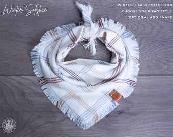 Winter Solstice - Dog Bandana Handkerchief Plaid Flannel Fall Autumn - White Cream Tan - Frayed Tie On Handcrafted - Puppy Scarf - Pet Gift