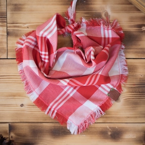Calla Lily - Dog Bandana Red & White Girly Plaid Flannel Spring Summer Frayed Tie On Lightweight Handcrafted - Puppy Scarf - Pet Gift