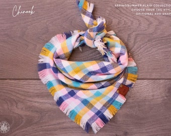 Chinook - Dog Bandana Teal Pink Blue White Summer Plaid Flannel Fall Frayed Tie On Handcrafted - Puppy Scarf - Pet Gift