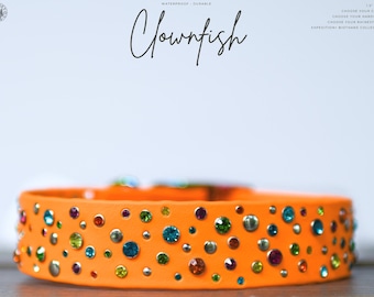 Clownfish - 1.5" Gemstone Crystal Heavy Duty Collar - Bling Waterproof Biothane Durable Dog Collar - Mess Mud Stink Resistant Vegan Leather