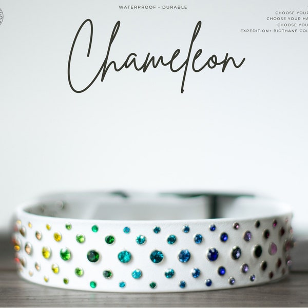 Chameleon - 1.5" Gemstone Crystal Heavy Duty Collar - Bling Waterproof Biothane Durable Dog Collar - Mess Mud Stink Resistant Vegan Leather