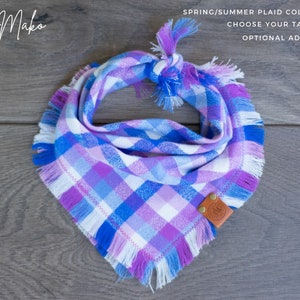Mako - Dog Bandana Purple Blue White Summer Plaid Flannel Fall Frayed Tie On Handcrafted - Puppy Scarf - Pet Gift