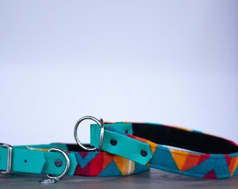 Yellowstone - 1" Dog Collar Southwest Wool Fabric + BioThane Slip/Standard Options Southwest Teal Red Yellow Wool - Handcrafted Pet Gift