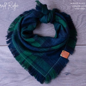 Emerald Ridge - Dog Bandana Green & Blue Plaid Flannel Fall Frayed Tie On Handcrafted - Puppy Scarf - Pet Gift