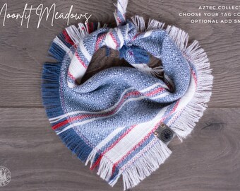 Moonlit Meadows - Dog Bandana Aztec Southwest Tribal - Blue & White - Woven Reversible Tie On Fall Scarf  - Puppy Scarf - Pet Gift