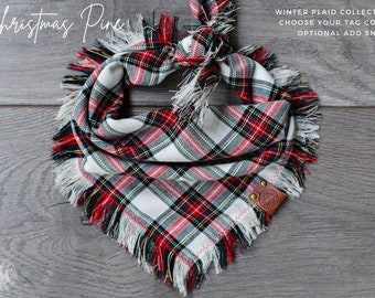 Christmas Pine - Dog Bandana Plaid Tartan Flannel  - Cream & Red - Woven Reversible Tie On Christmas Winter Scarf  - Puppy Scarf - Pet Gift